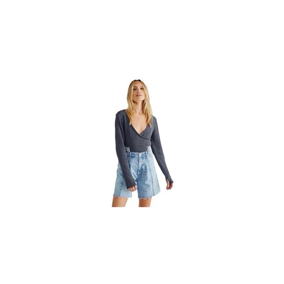 Free People Tops - Free People Like A Boss Mock Wrap Charcoal Gray Top Thumb Holes V-Neck XS
